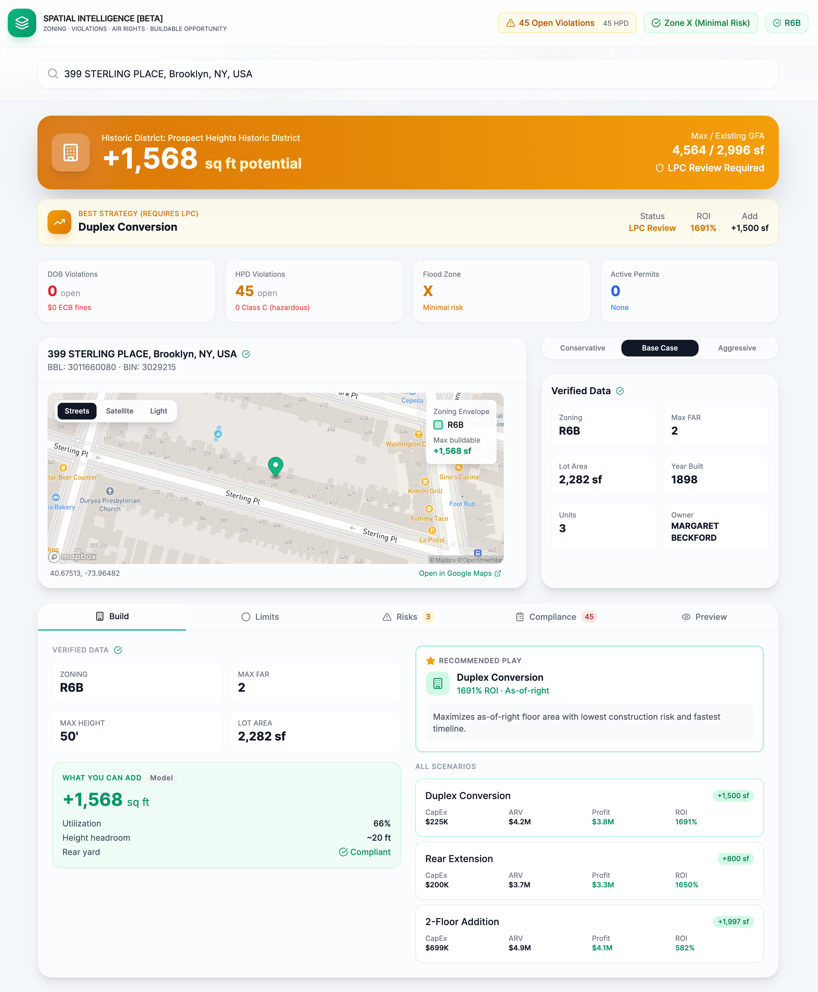 PropertyPulse Build Tab showing development scenarios for 399 Sterling Place
