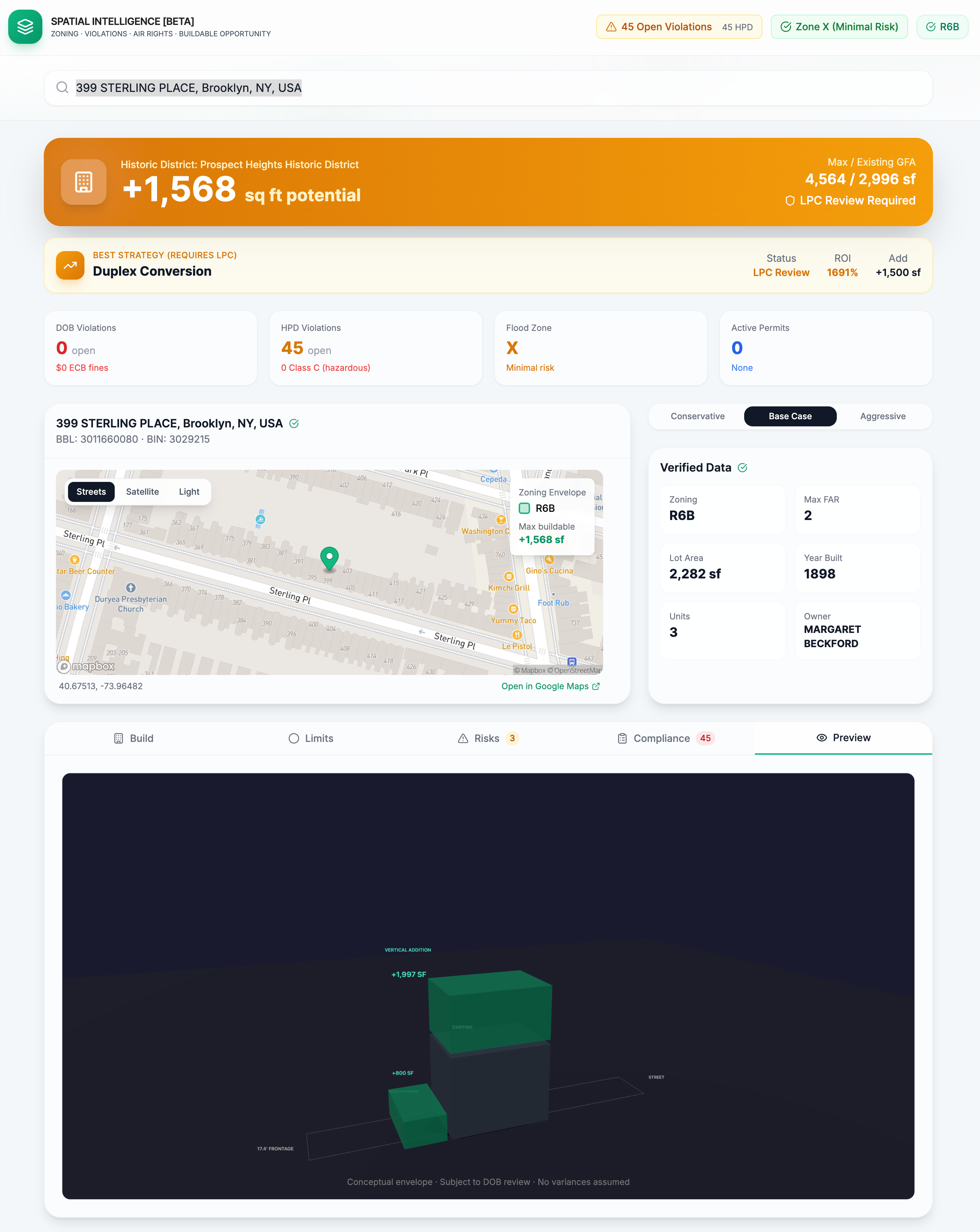 PropertyPulse Preview Tab showing 3D envelope visualization for 399 Sterling Place