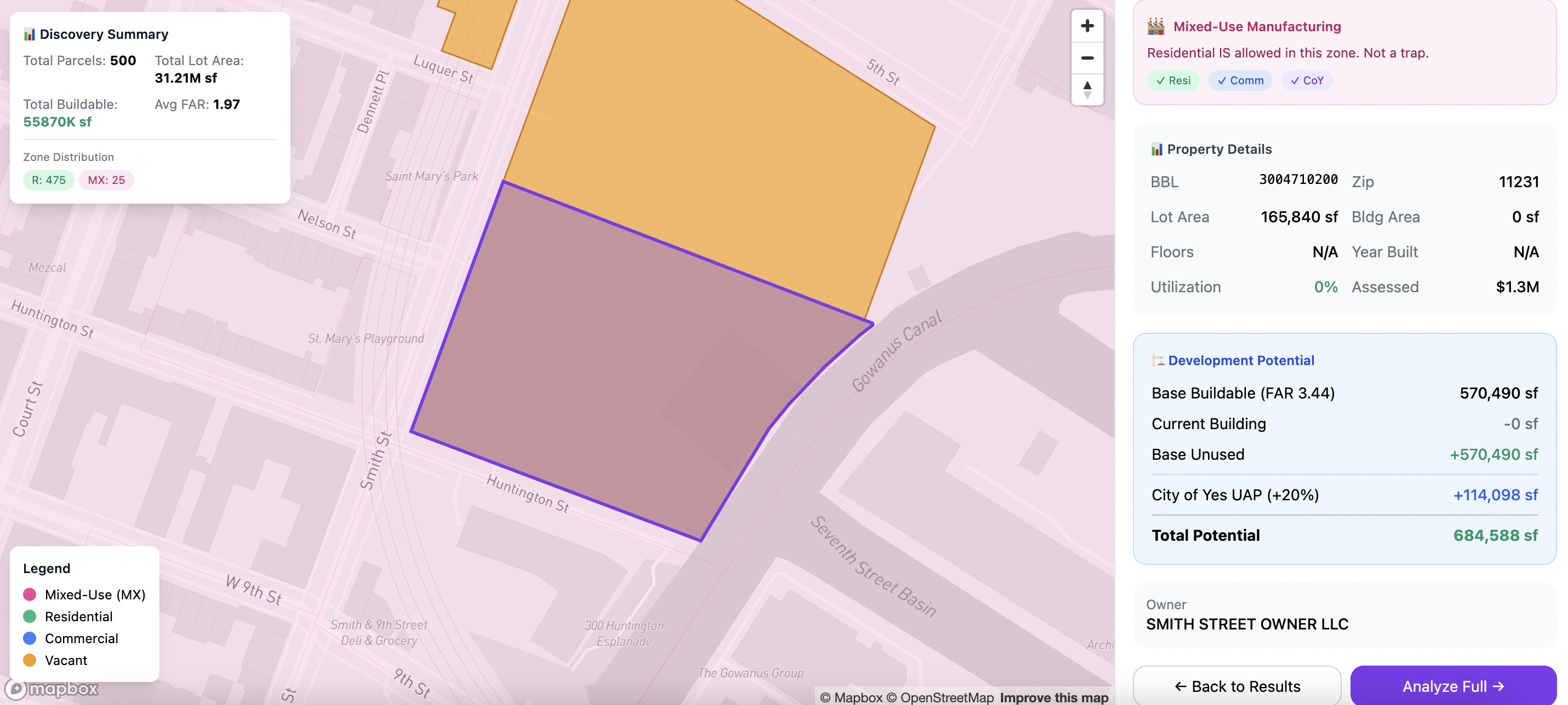 459 Smith Street zoning visualization showing Mixed-Use Manufacturing zone with 684,588 sf total potential