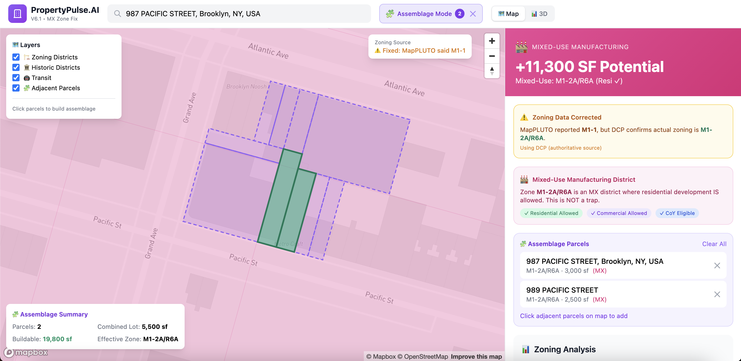 PropertyPulse Spatial Intelligence showing 987 Pacific Street assemblage with 2 parcels, 5,500 sf combined lot, and 19,800 sf buildable potential