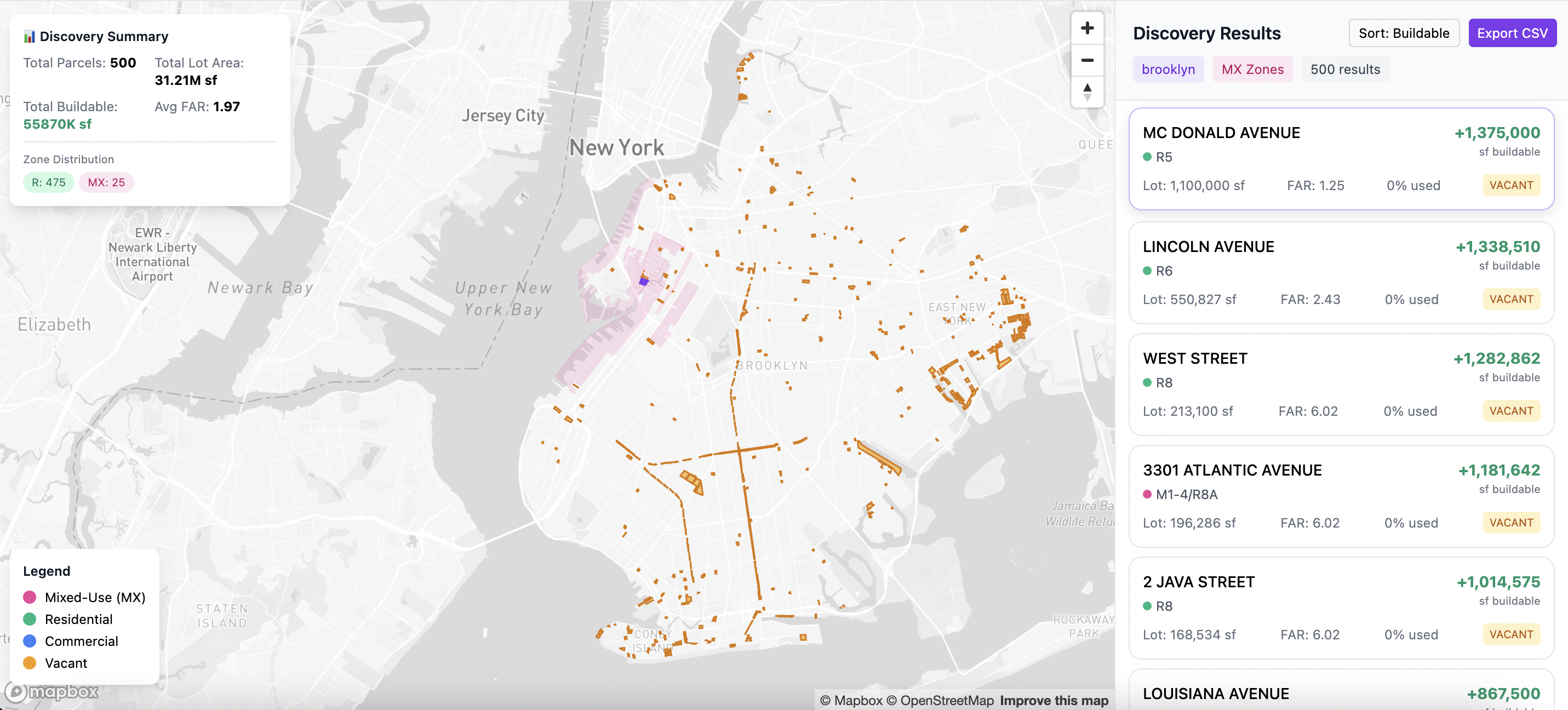 NYC-wide discovery results showing 500 parcels with 31.21M sf total lot area sorted by buildable potential
