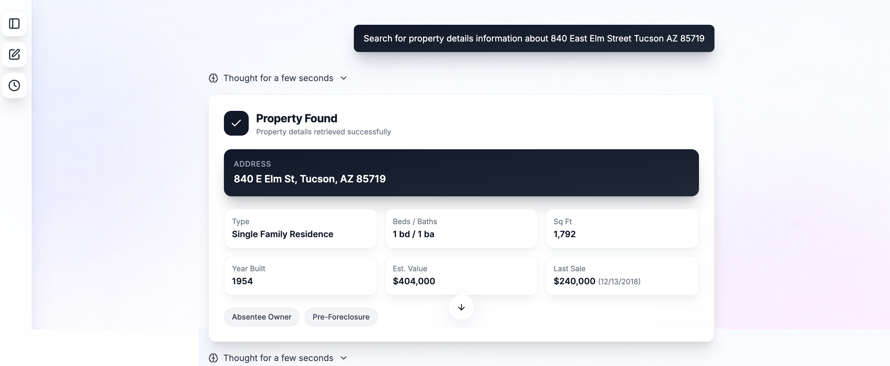 AI Mode search result showing property details with pre-foreclosure and absentee owner tags